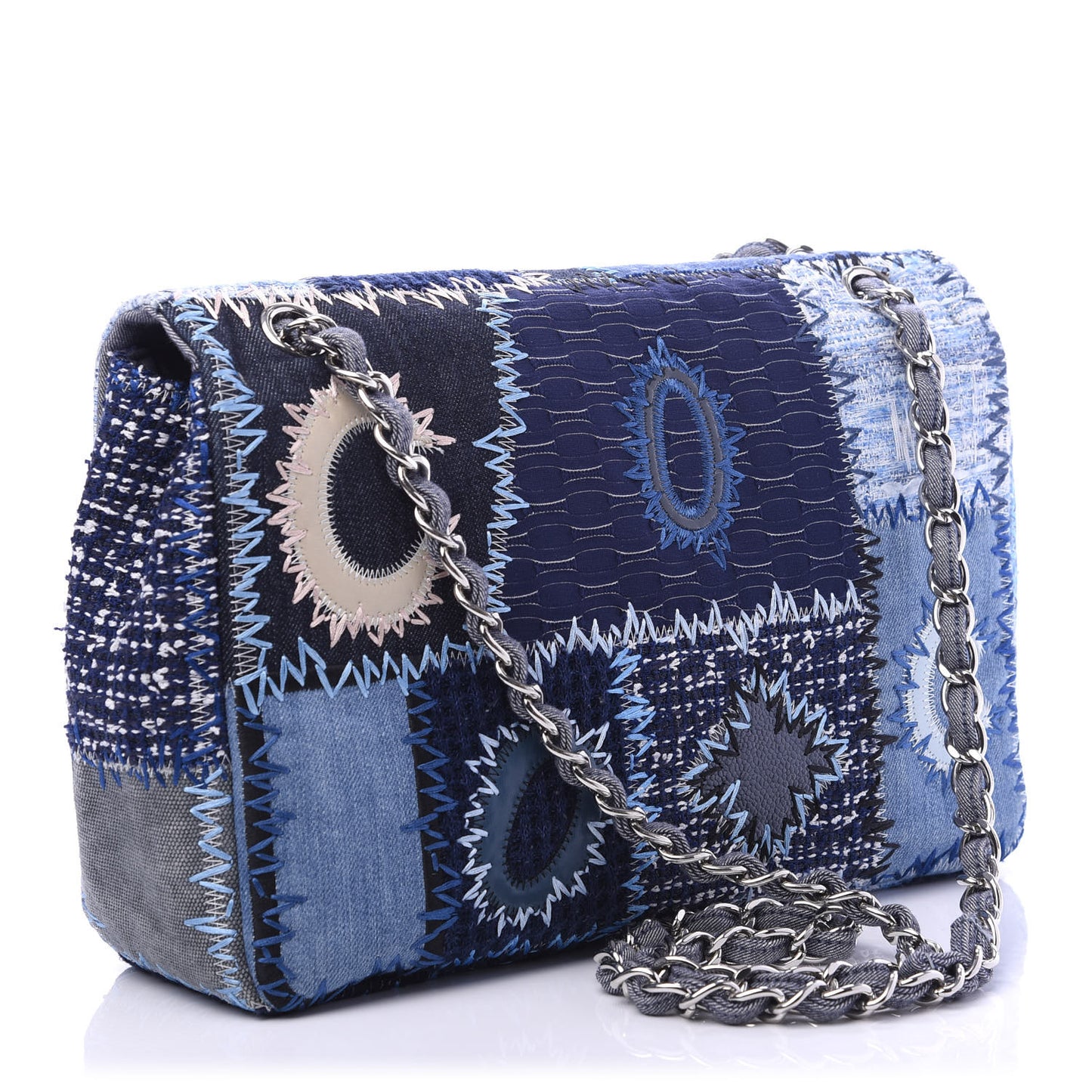 Denim Tweed Patchwork Jumbo Single Flap Blue