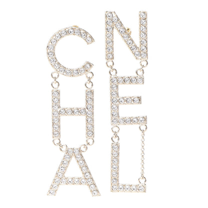 Chanel Crystal Cha-Nel Logo Drop Earrings Gold 1 of 5