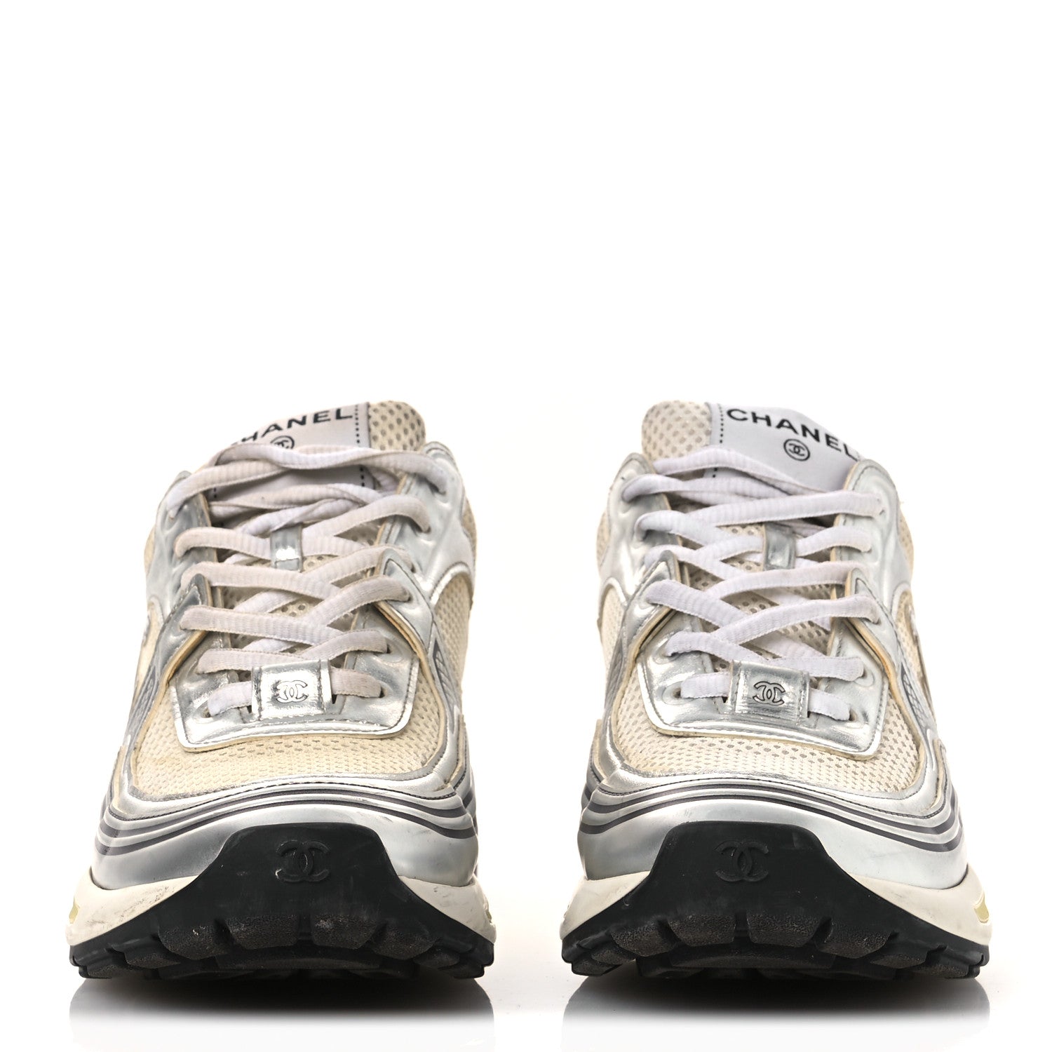 Chanel Fabric Laminated Calfskin Stretch CC Womens Sneakers 38.5 White Gold Silver 3 of 15