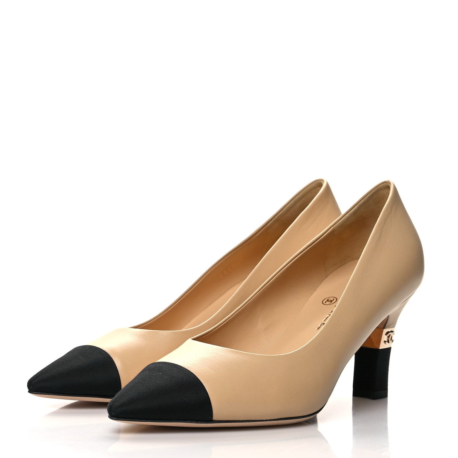 Chanel Lambskin Grosgrain Cap Toe CC Pumps 39 Beige Black 3 of 8