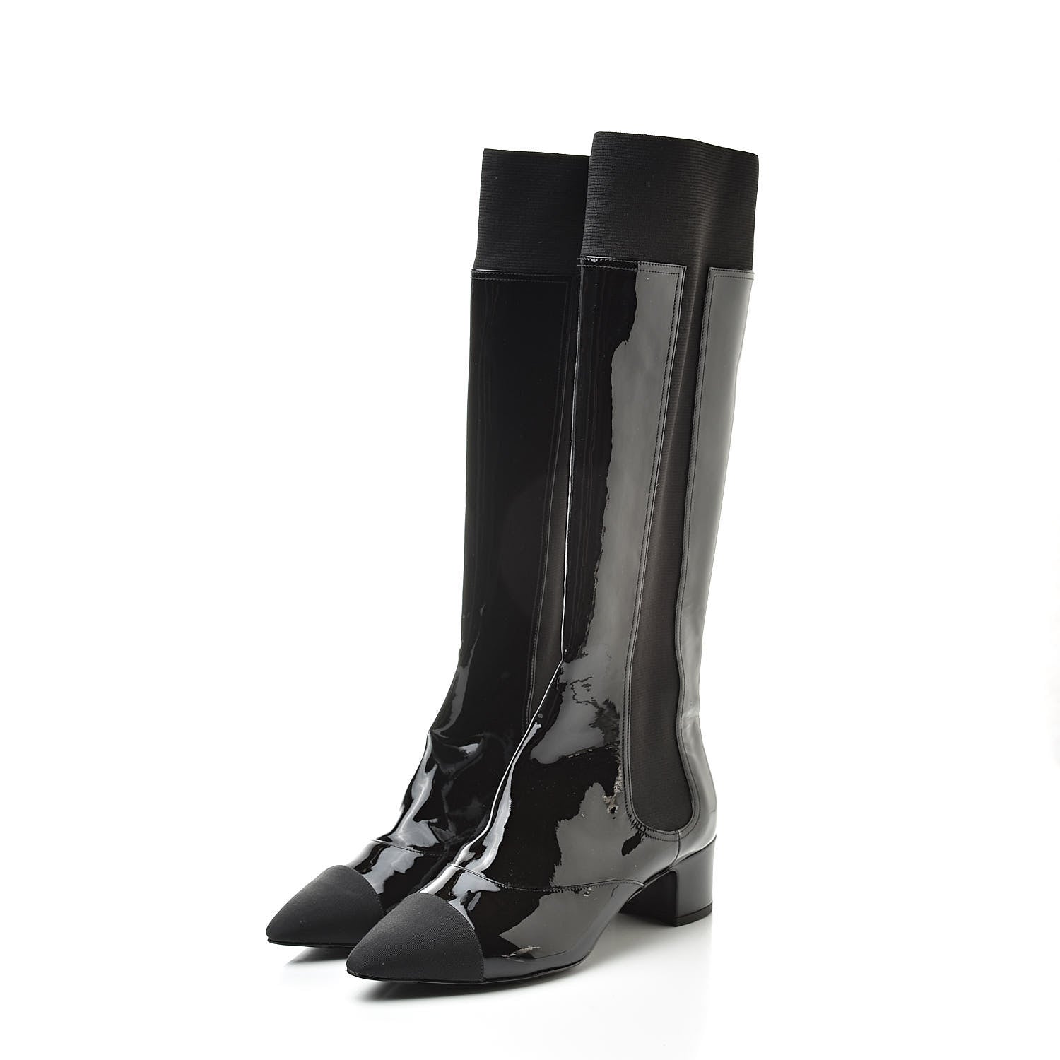 Chanel Patent Calfskin Grosgrain Cap Toe High Boots 37.5 Black 3 of 8