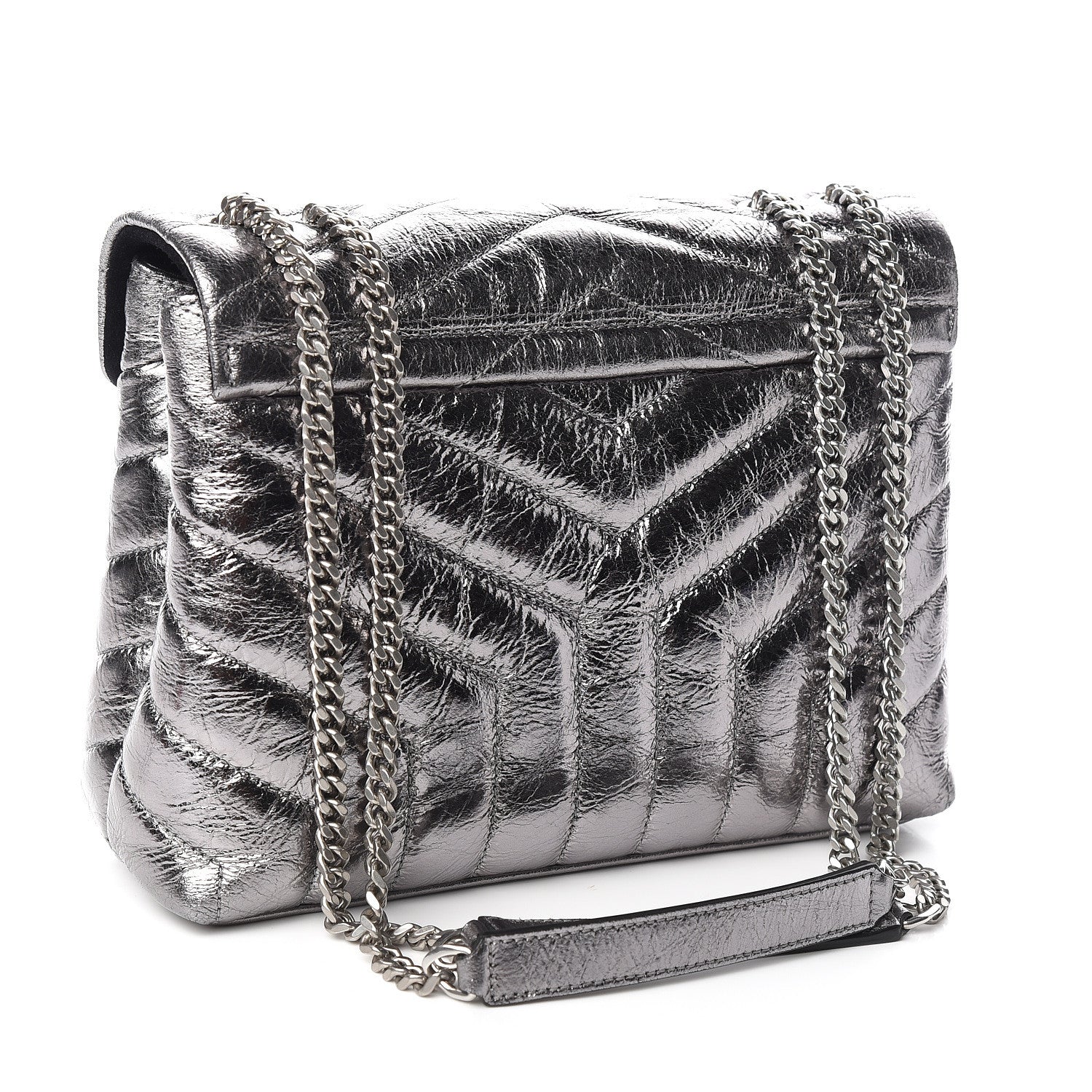 Saint Laurent Metallic Calfskin Y Quilted Monogram Small Loulou Chain Satchel Acciaio 3 of 11