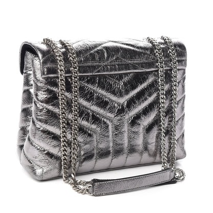 Saint Laurent Metallic Calfskin Y Quilted Monogram Small Loulou Chain Satchel Acciaio 3 of 11