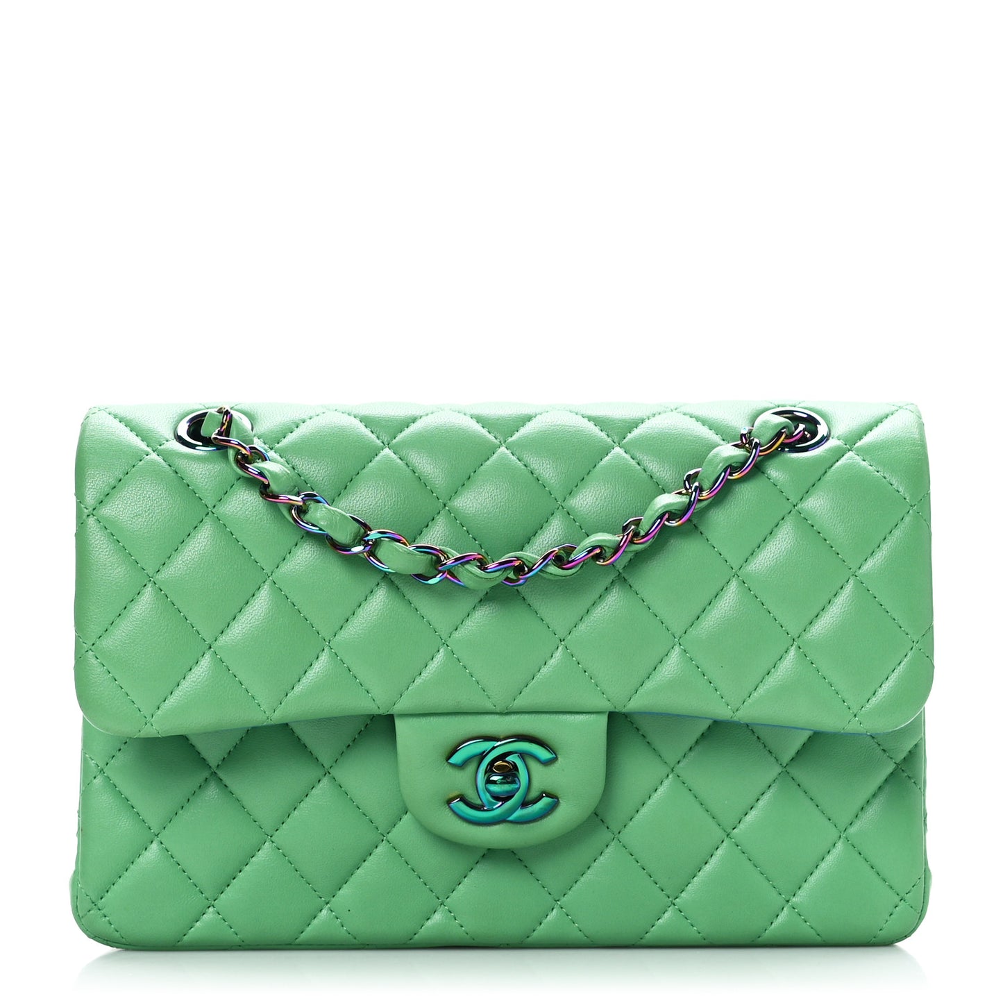 Lambskin Quilted Small Double Flap Green Blue