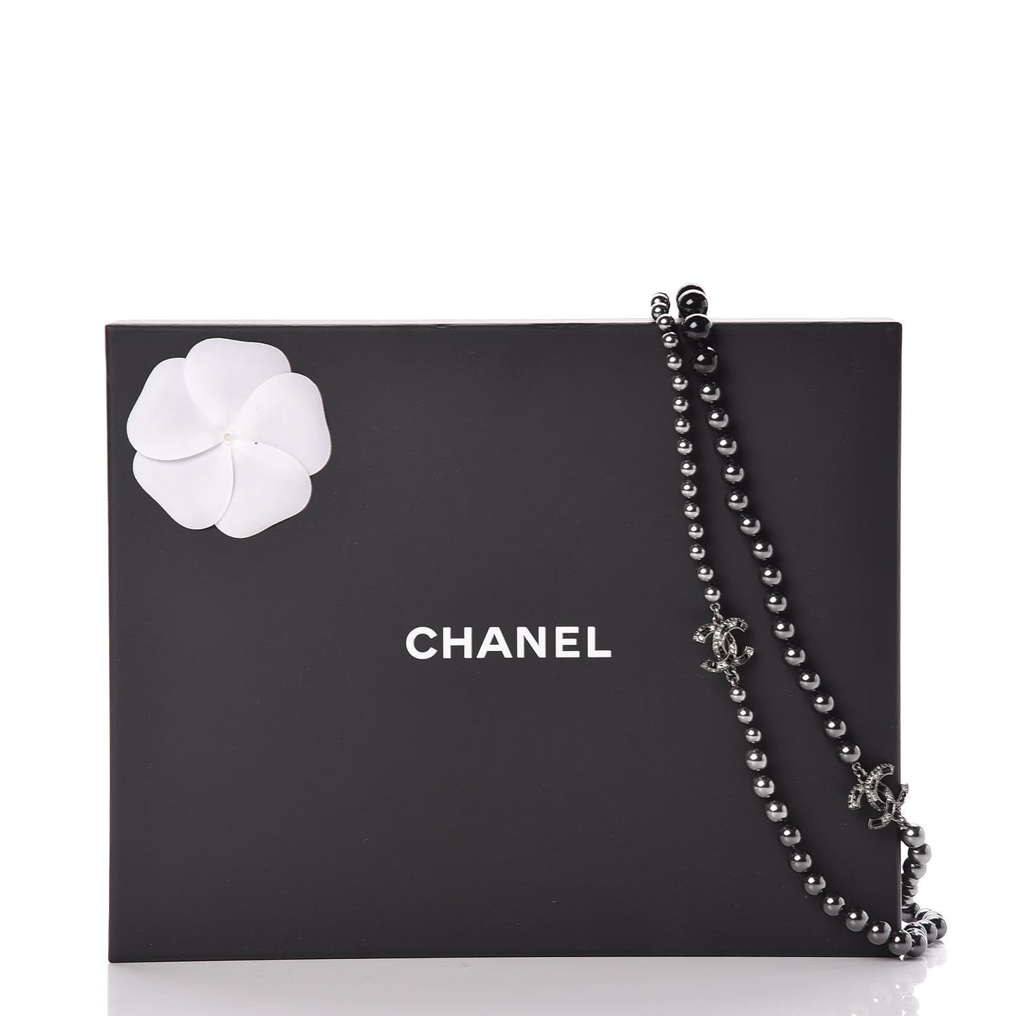 Ruthenium Crystal Baguette Pearl Beaded CC Long Necklace Black Grey