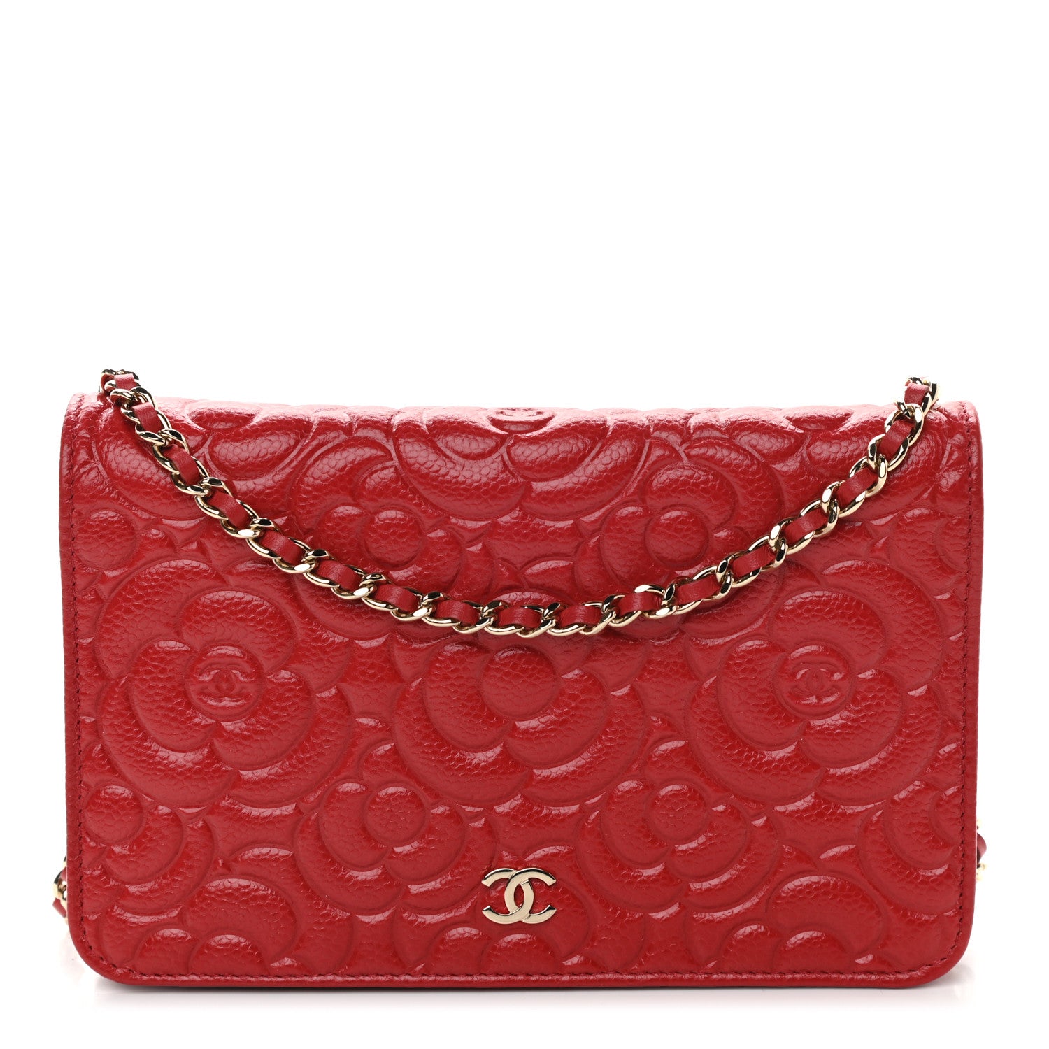 Chanel Caviar Camellia Embossed Wallet On Chain WOC Red 1 of 10