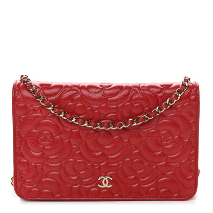 Chanel Caviar Camellia Embossed Wallet On Chain WOC Red 1 of 10