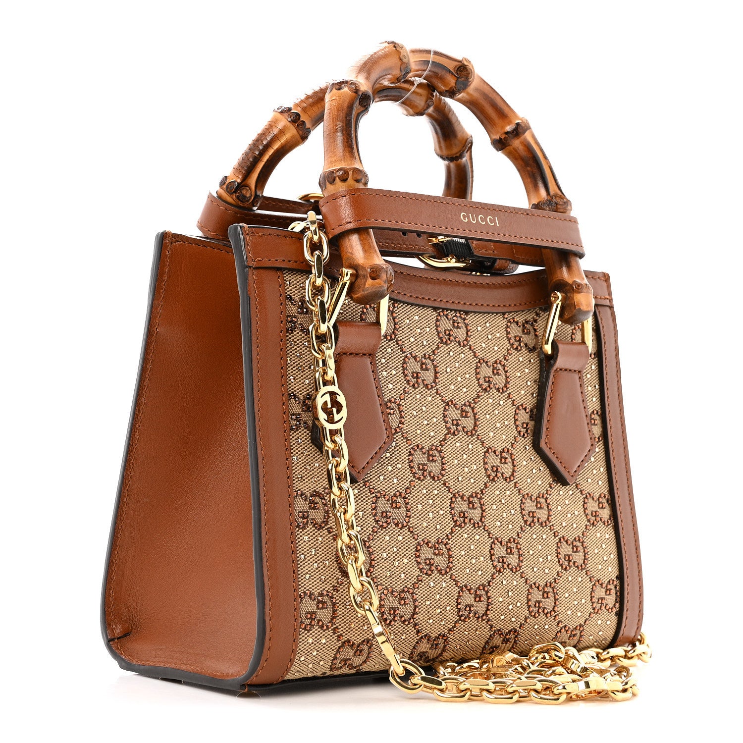 Gucci New Canvas Charisma Calfskin Crystal GG Monogram Mini Diana Tote Bag Camel Ebony 2 of 13