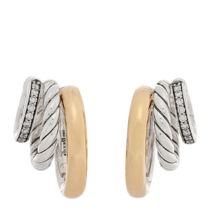 David Yurman 18K Yellow Gold Sterling Silver Mercer Three Row Hoop Earrings 1 of 4