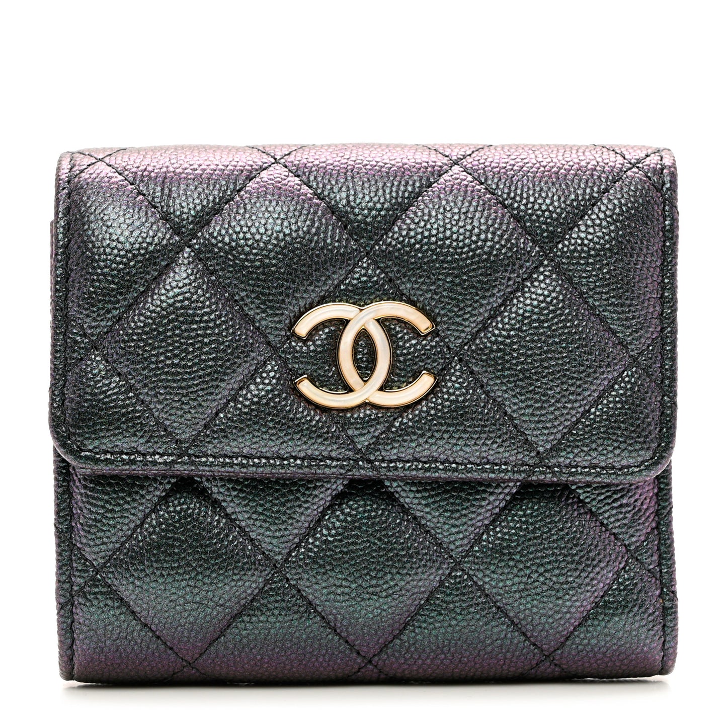 Iridescent Caviar Quilted Small Flap Wallet Black