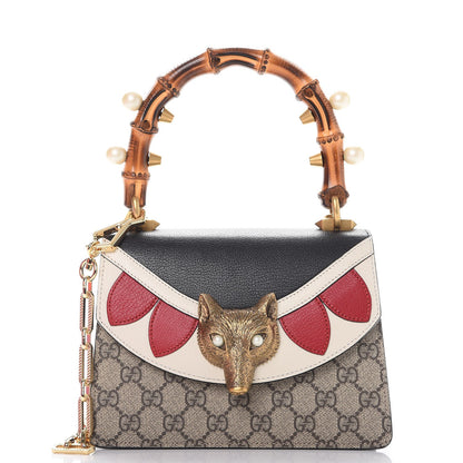 Gucci GG Supreme Monogram Goatskin Pearl Mini Fox Broche Bamboo Top Handle Bag Beige Ebony Black Hibiscus Red Mystic White 1 of 8