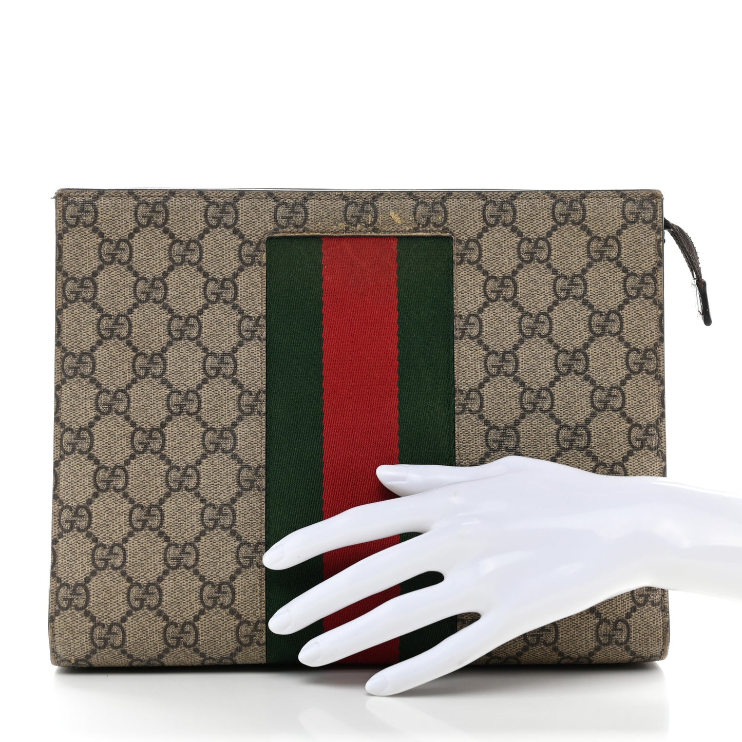 GG Supreme Monogram Selleria Calfskin Web New Web Cosmetic Case Beige Ebony Cocoa