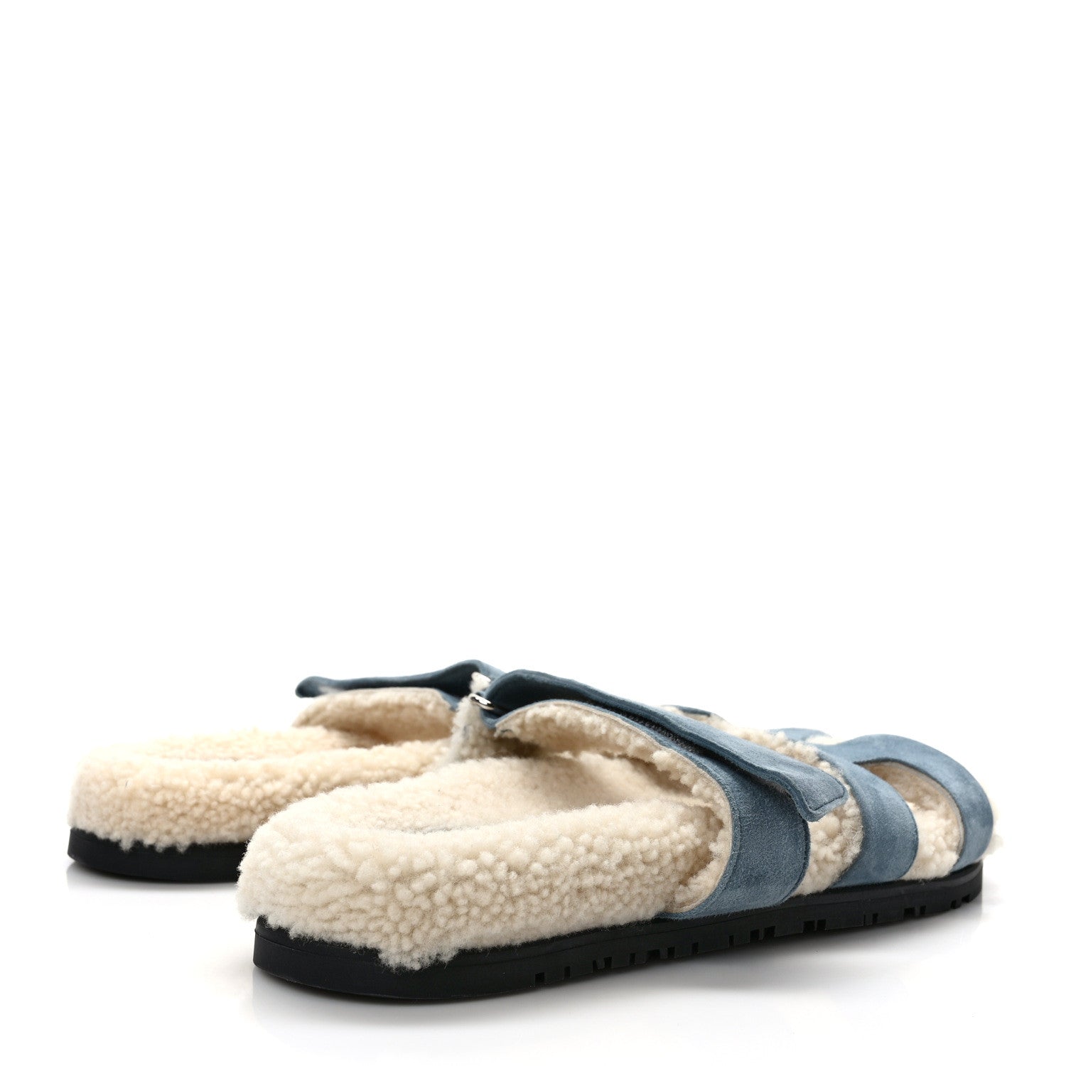 Hermes Suede Goatskin Woolskin Womens Chypre Sandals 39 Bleu Pinede Ecru 4 of 7