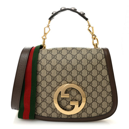Gucci GG Supreme Monogram Textured Dollar Calfskin Web Medium Blondie Top Handle Shoulder Flap Bag Beige Ebony New Acero 1 of 12