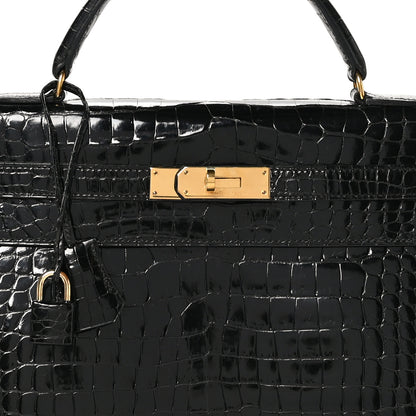 Hermes Shiny Porosus Crocodile Kelly Sellier 32 Black 8 of 10