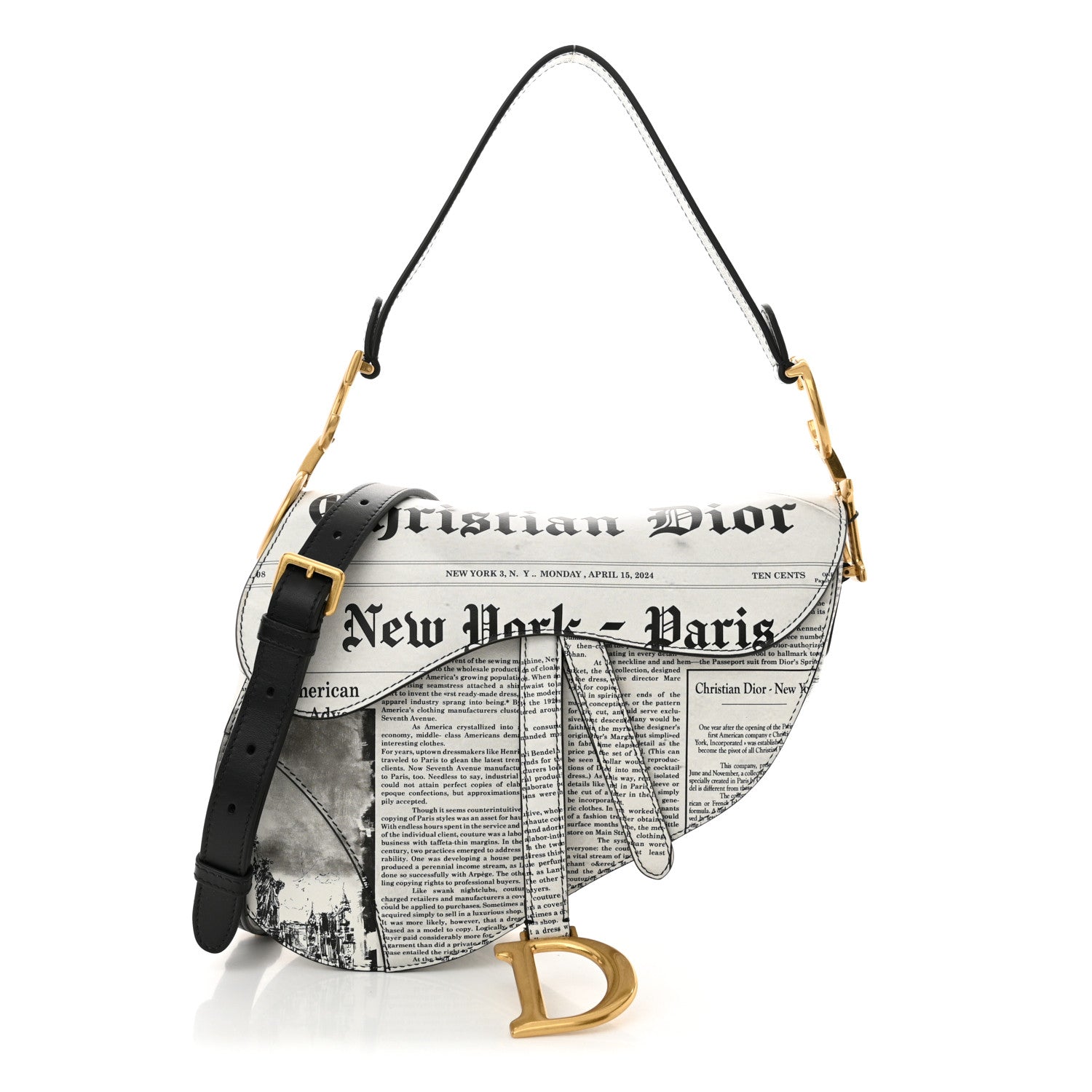 Christian Dior Calfskin Newspaper Printed Saddle Bag With Strap Black White 1 of 12