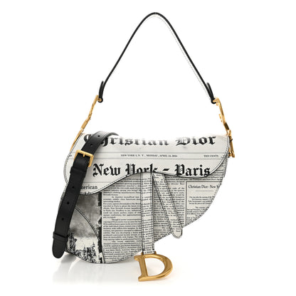 Christian Dior Calfskin Newspaper Printed Saddle Bag With Strap Black White 1 of 12