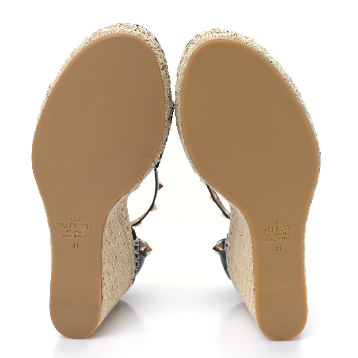 Grained Calfskin Rockstud Ankle Wrap Espadrille 15/85mm Wedges 41 Black Light Cuir