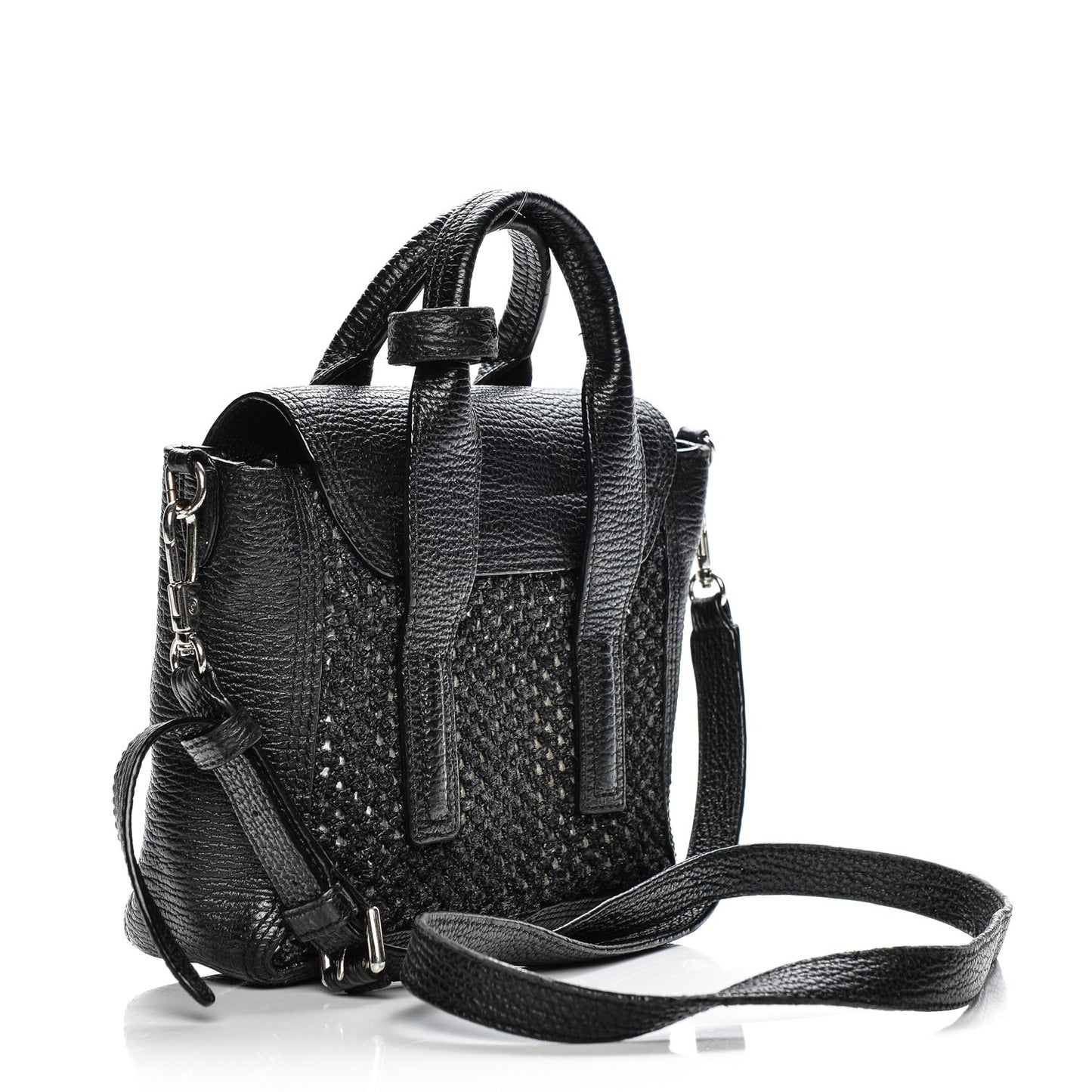 3.1 Textured Calfskin Woven Panel Mini Pashli Satchel Black Silver