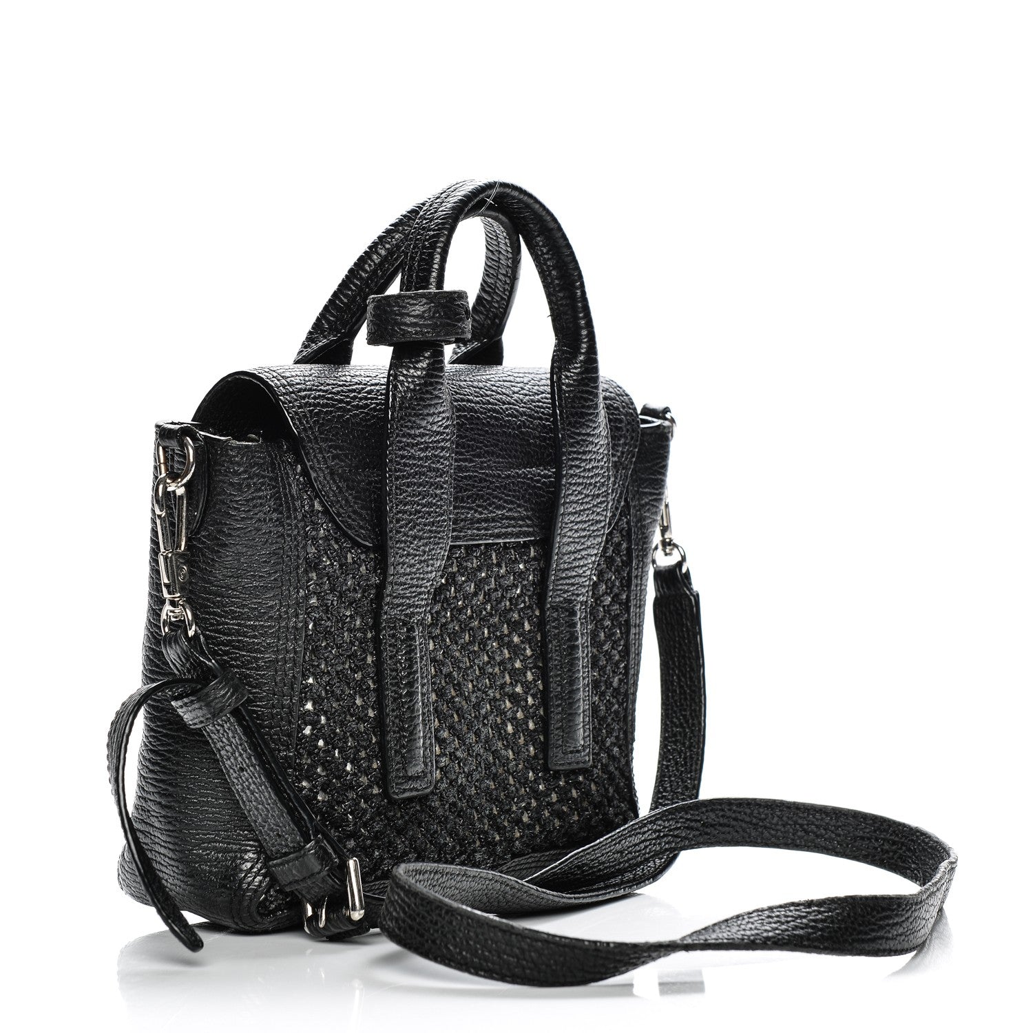 3.1 Phillip Lim 3.1 Textured Calfskin Woven Panel Mini Pashli Satchel Black Silver 3 of 10