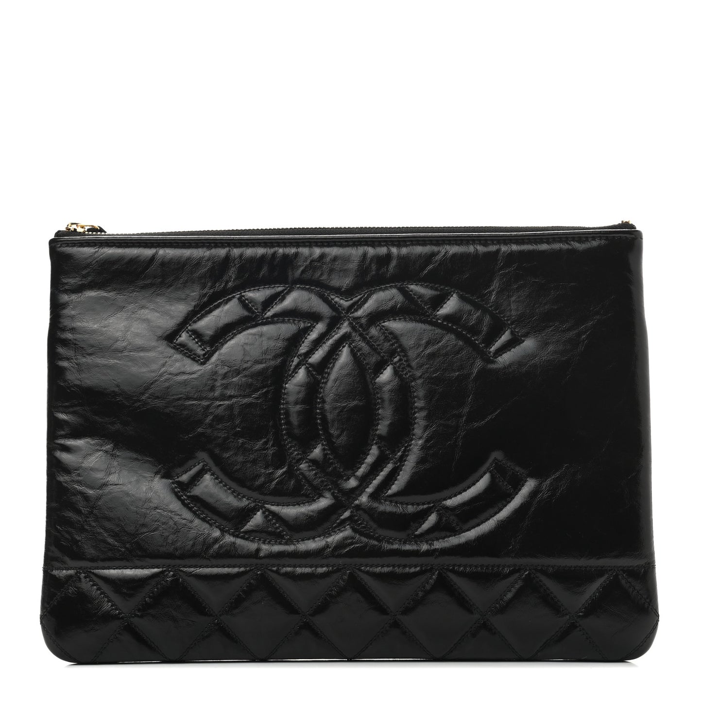 Shiny Aged Calfskin Quilted Cosmetic Case Black