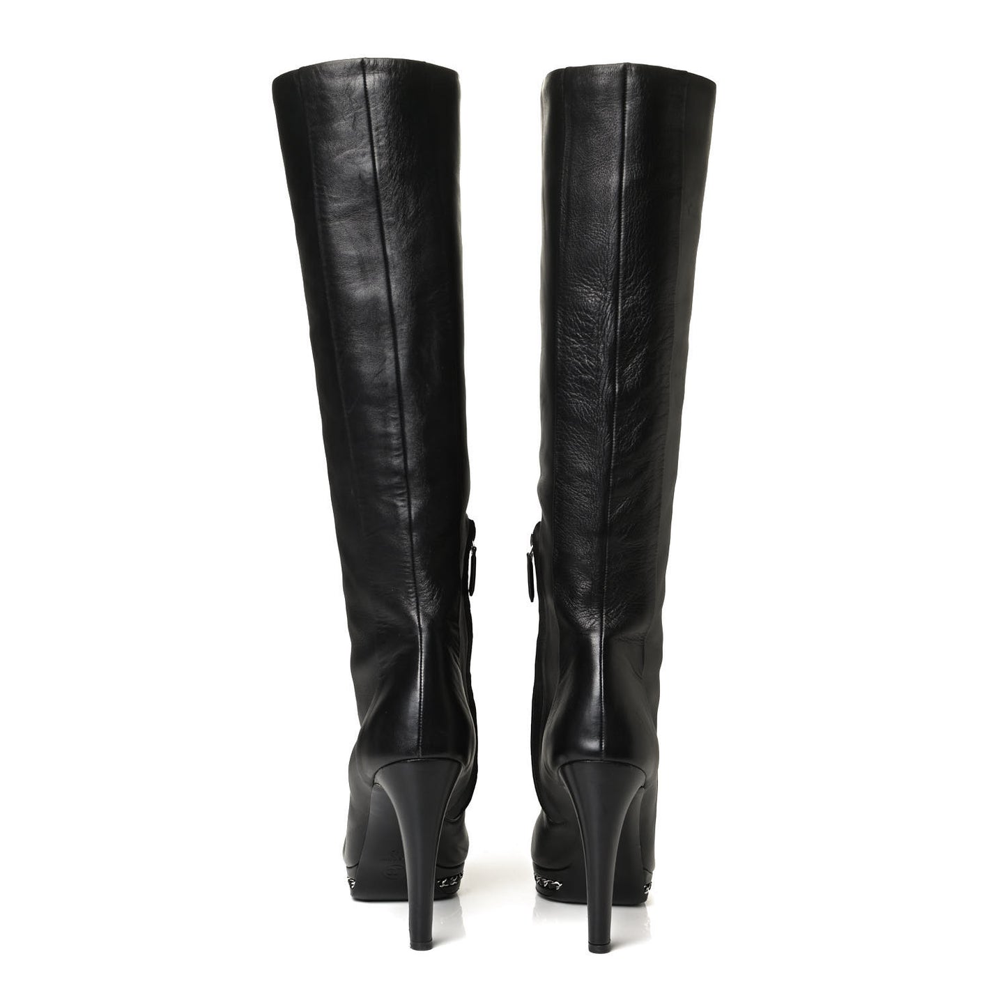 Lambskin CC Platform Cap Toe Chain Knee High Boots 42 Black