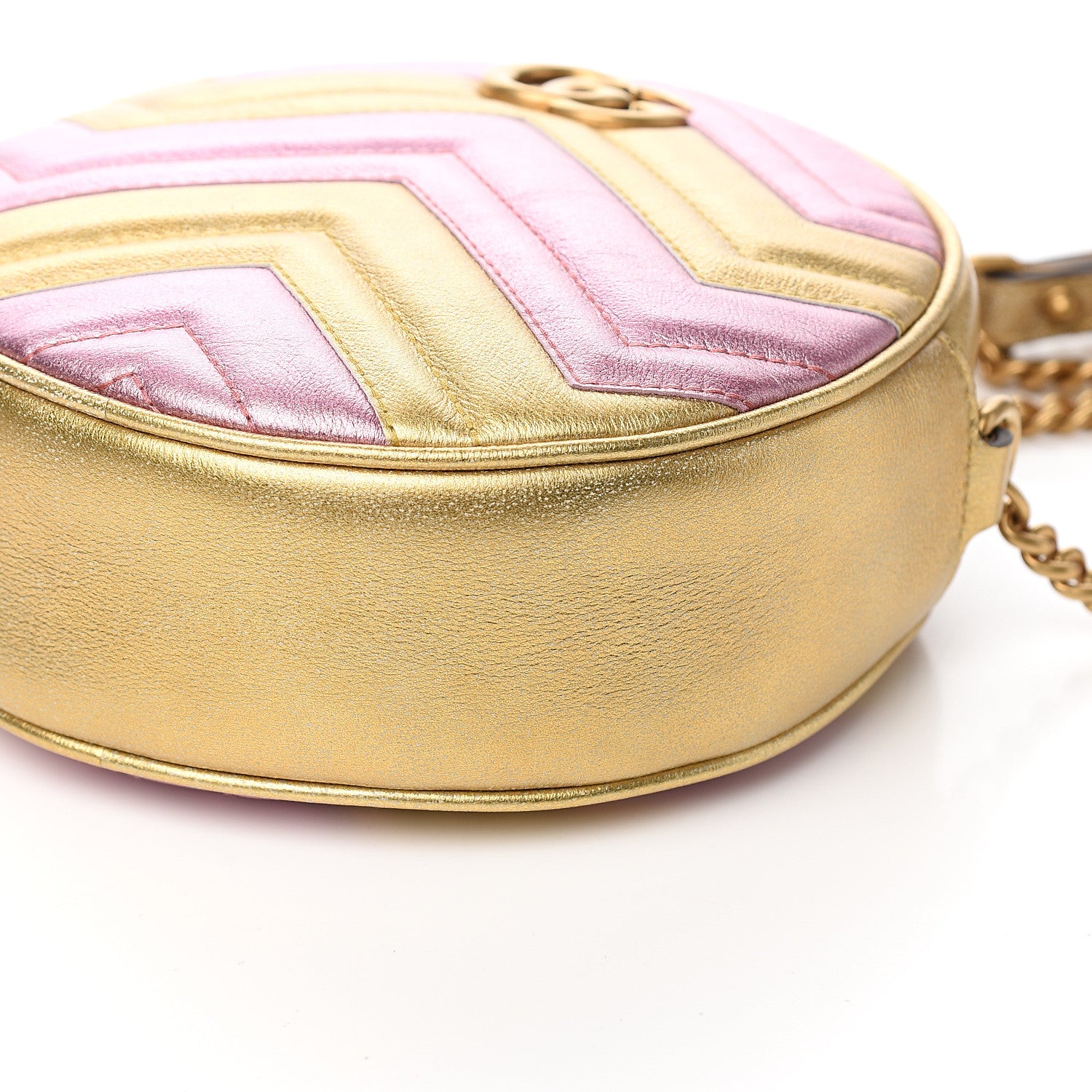 Gucci Metallic Calfskin Matelasse Mini GG Marmont Round Shoulder Bag Gold Pink 8 of 10