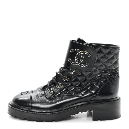 Chanel Shiny Goatskin Calfskin Quilted Lace Up Combat Boots 40.5 Black 1 of 9