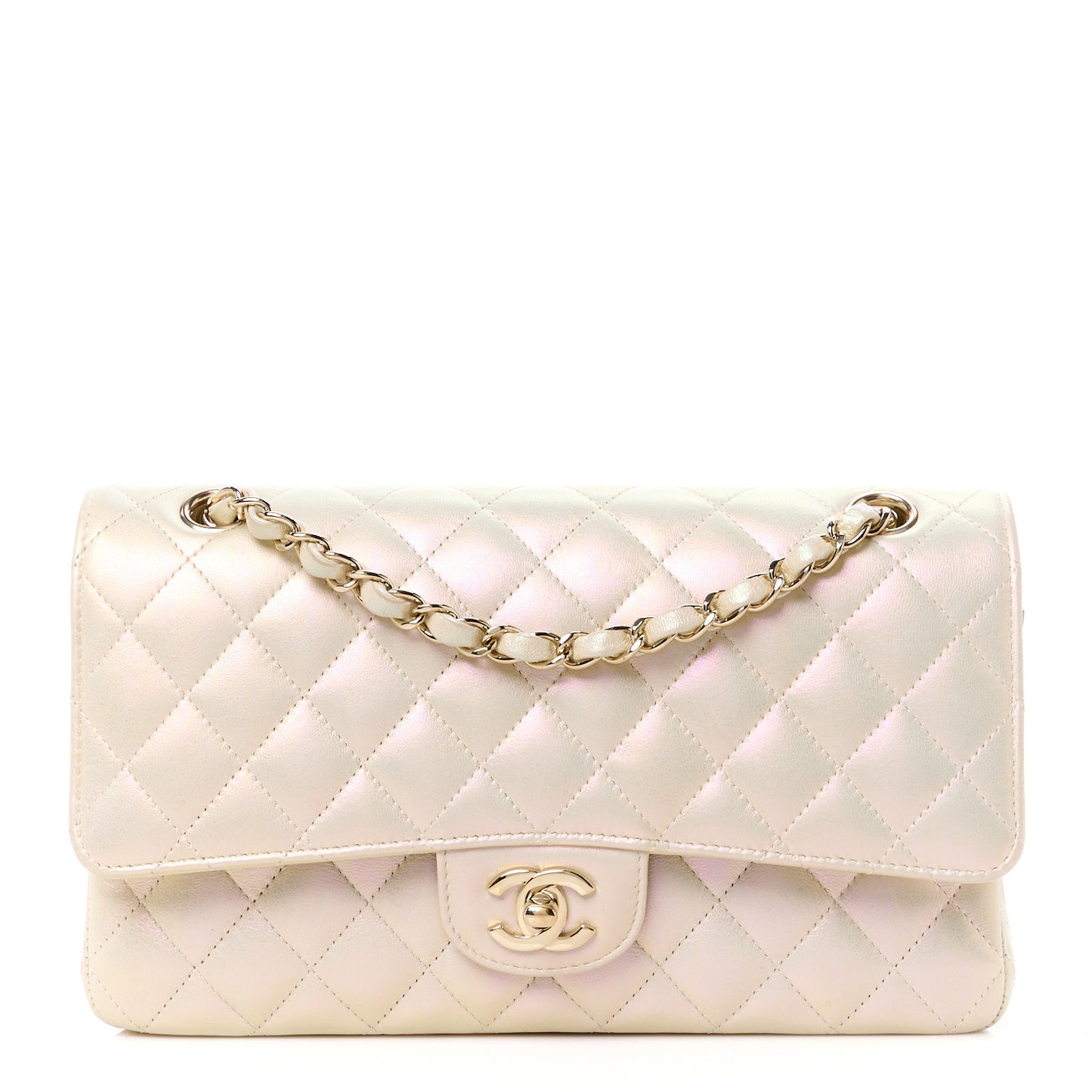 Iridescent Lambskin Quilted Medium Double Flap Ivory