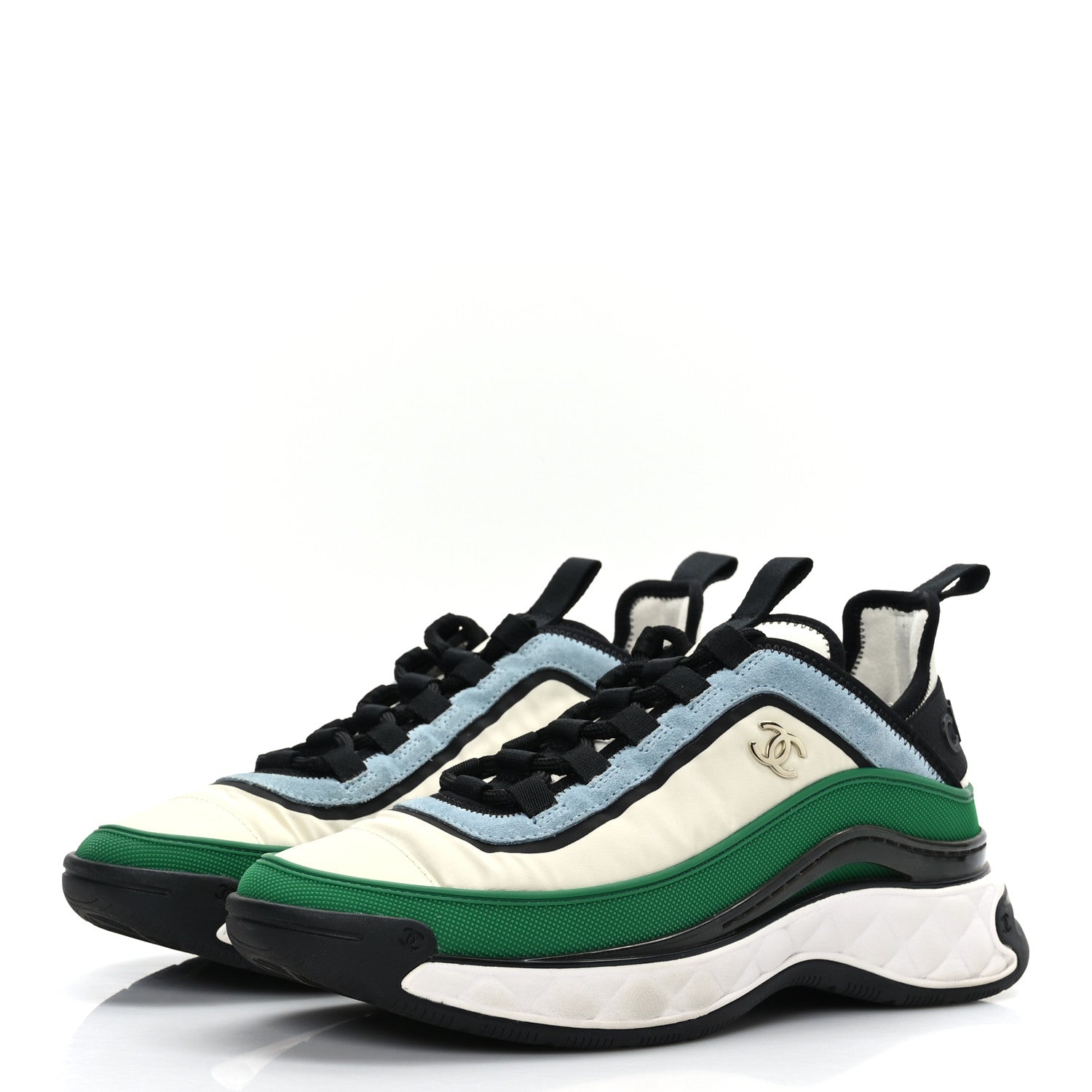 Chanel Suede Calfskin Mixed Fibers CC Sneakers 38 Ivory Green Light Blue 3 of 8