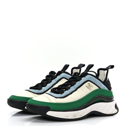 Chanel Suede Calfskin Mixed Fibers CC Sneakers 38 Ivory Green Light Blue 3 of 8
