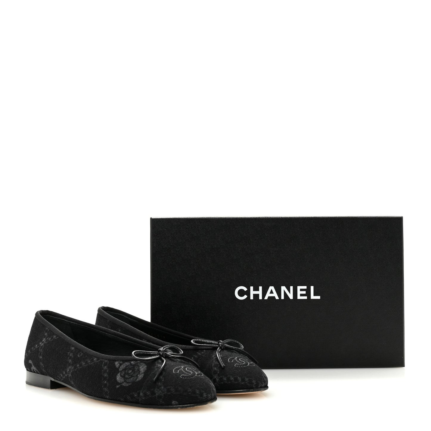 Denim Printed Cap Toe Ballerina Flats 38 Black White