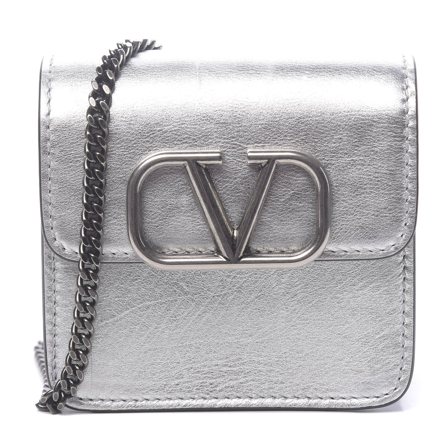 Metallic Calfskin Vlogo Compact Wallet with Chain Silver
