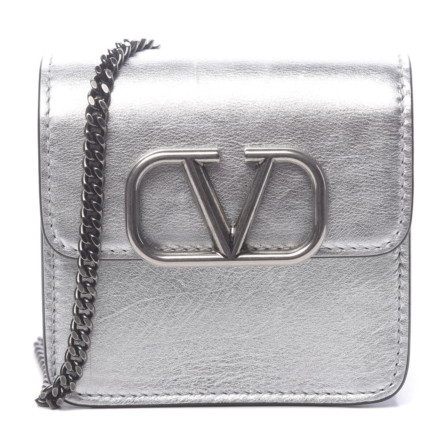 Valentino Garavani Metallic Calfskin Vlogo Compact Wallet with Chain Silver 1 of 12