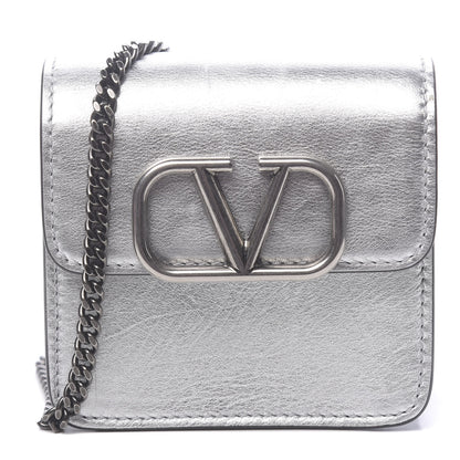 Valentino Garavani Metallic Calfskin Vlogo Compact Wallet with Chain Silver 1 of 12