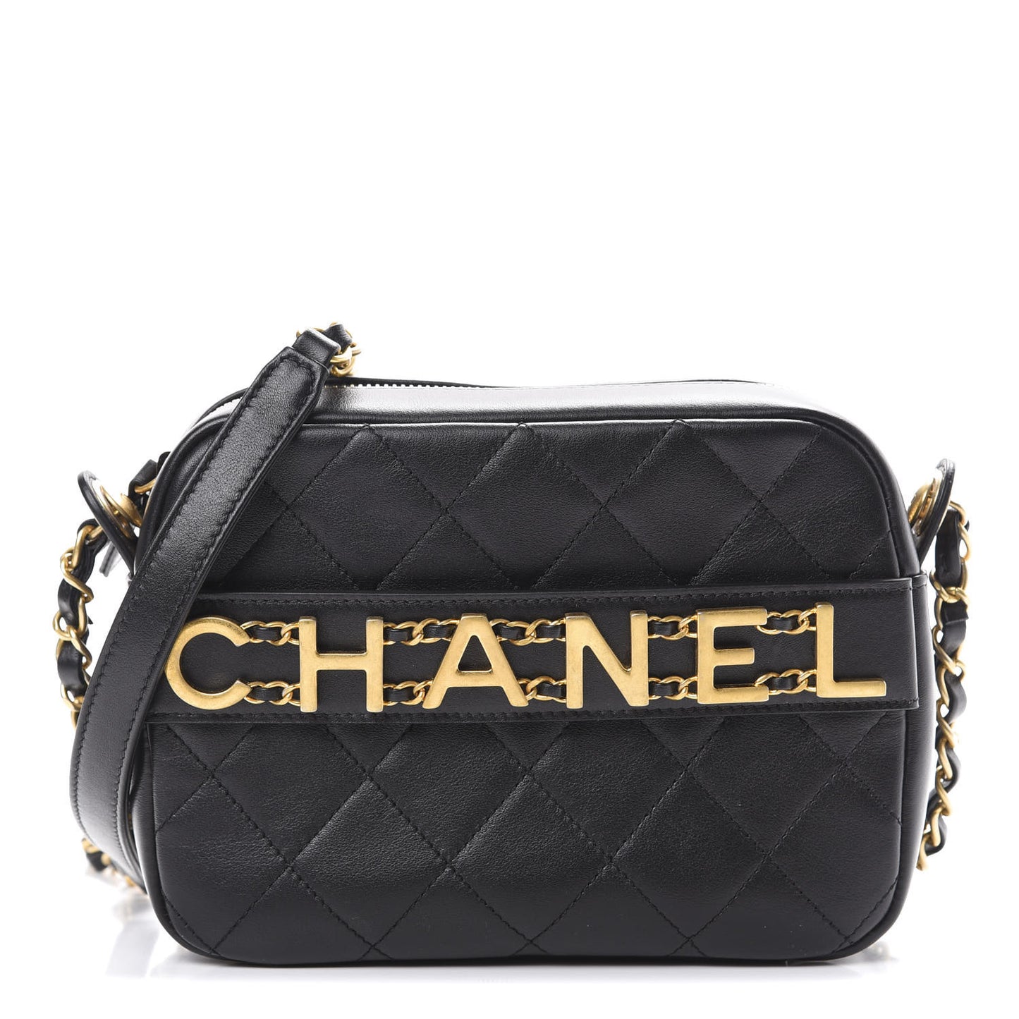 Calfskin Quilted Enchained Camera Case Bag Black