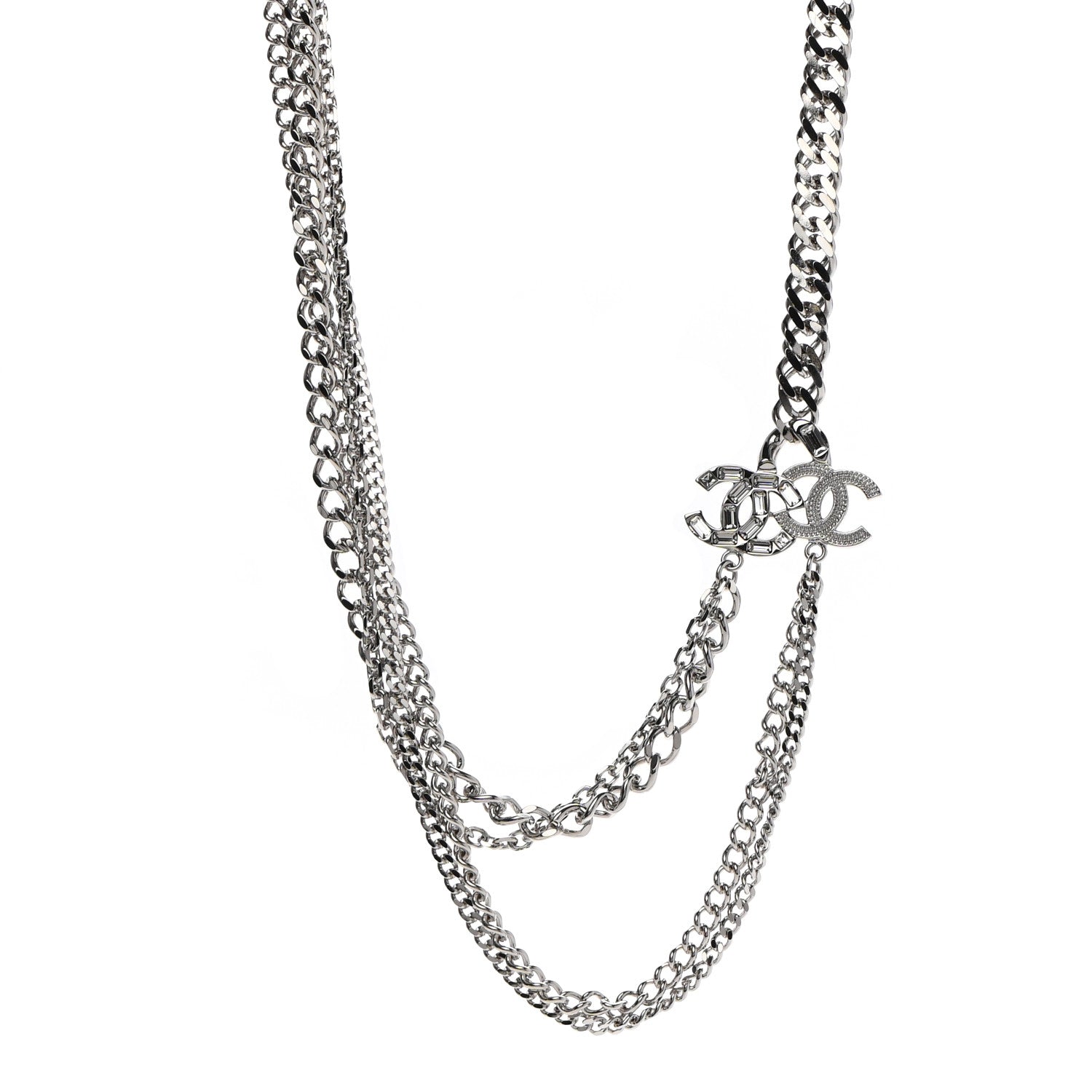 Chanel Baguette Crystal CC Multi Strand Long Chain Necklace Silver 1 of 7