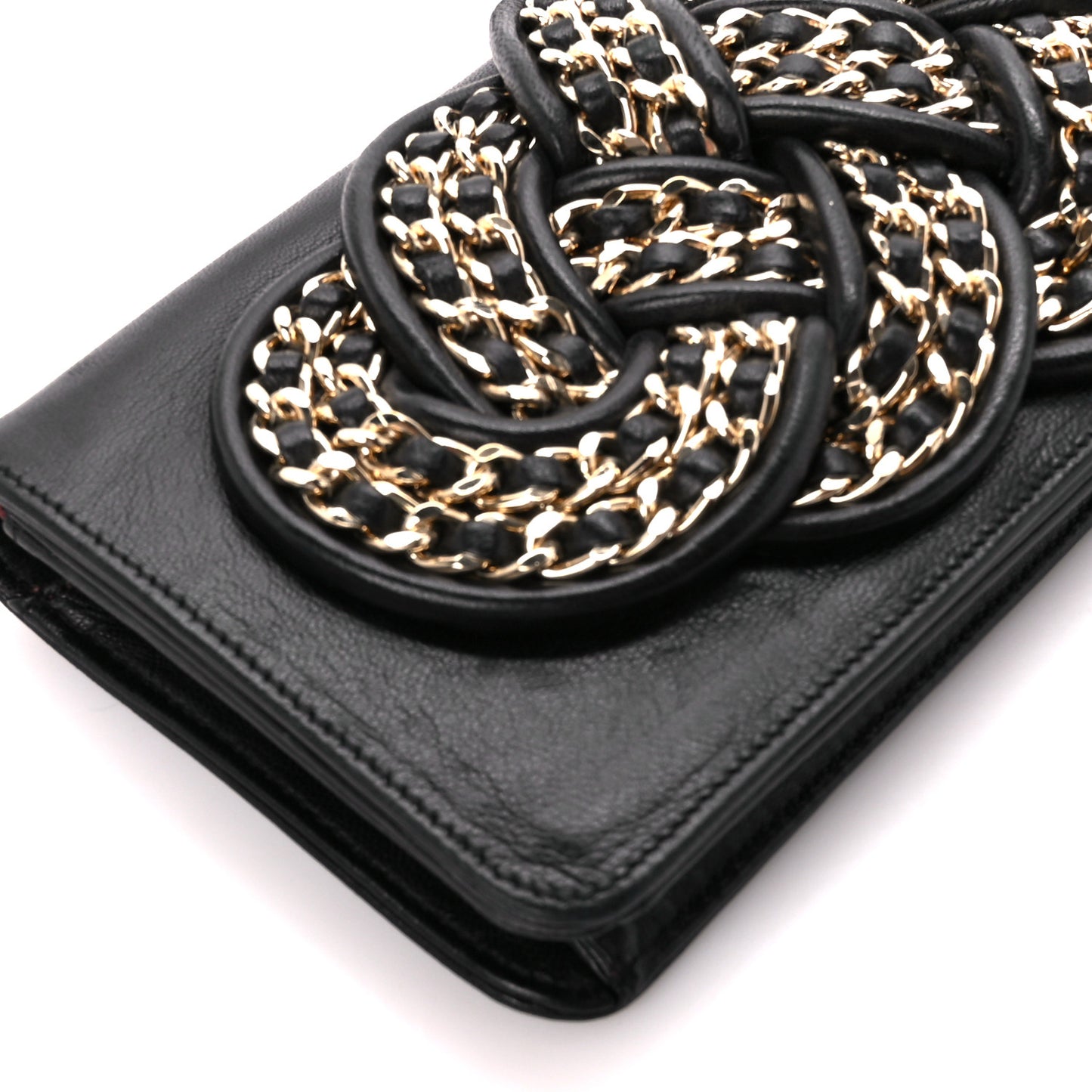 Lambskin Gold Chain Knot Clutch Black