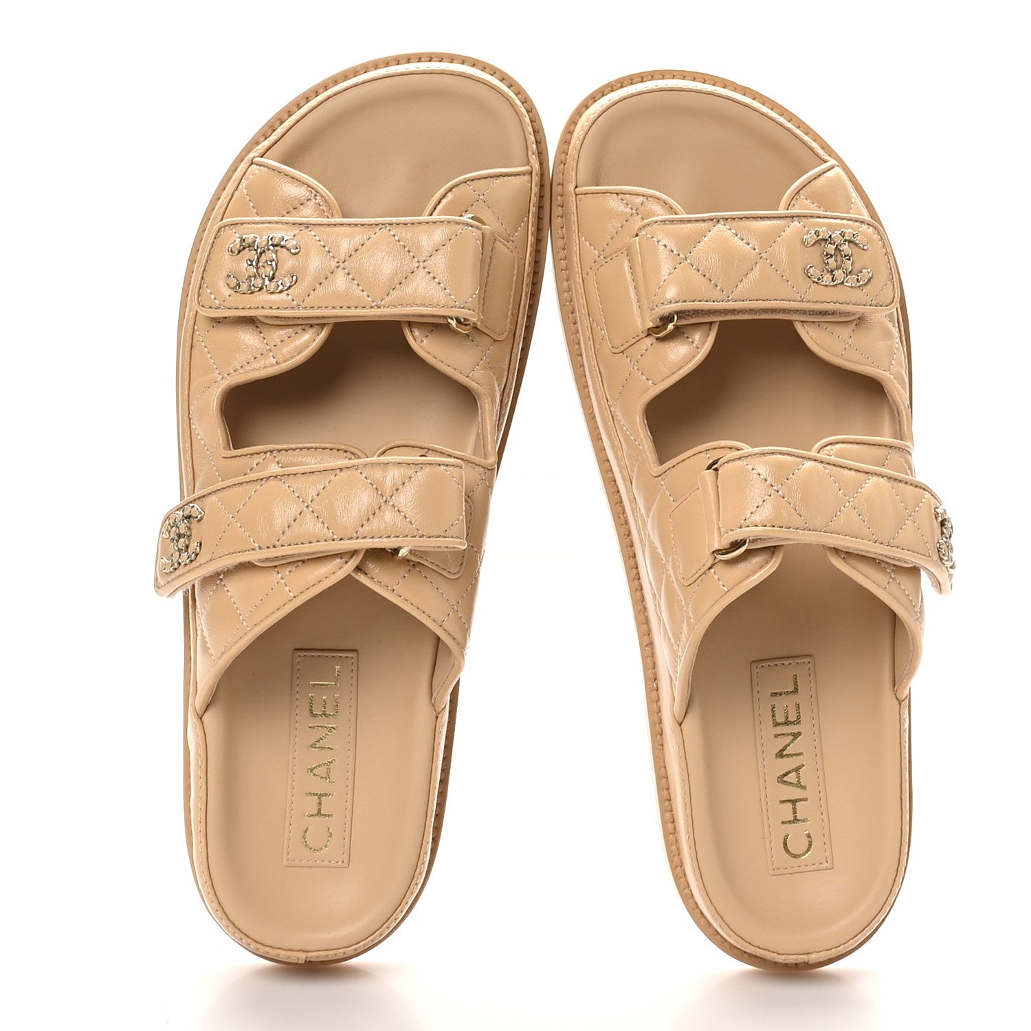 Chanel Lambskin Quilted Velcro Dad Chain CC Slide Sandals 40 Beige 2 of 10