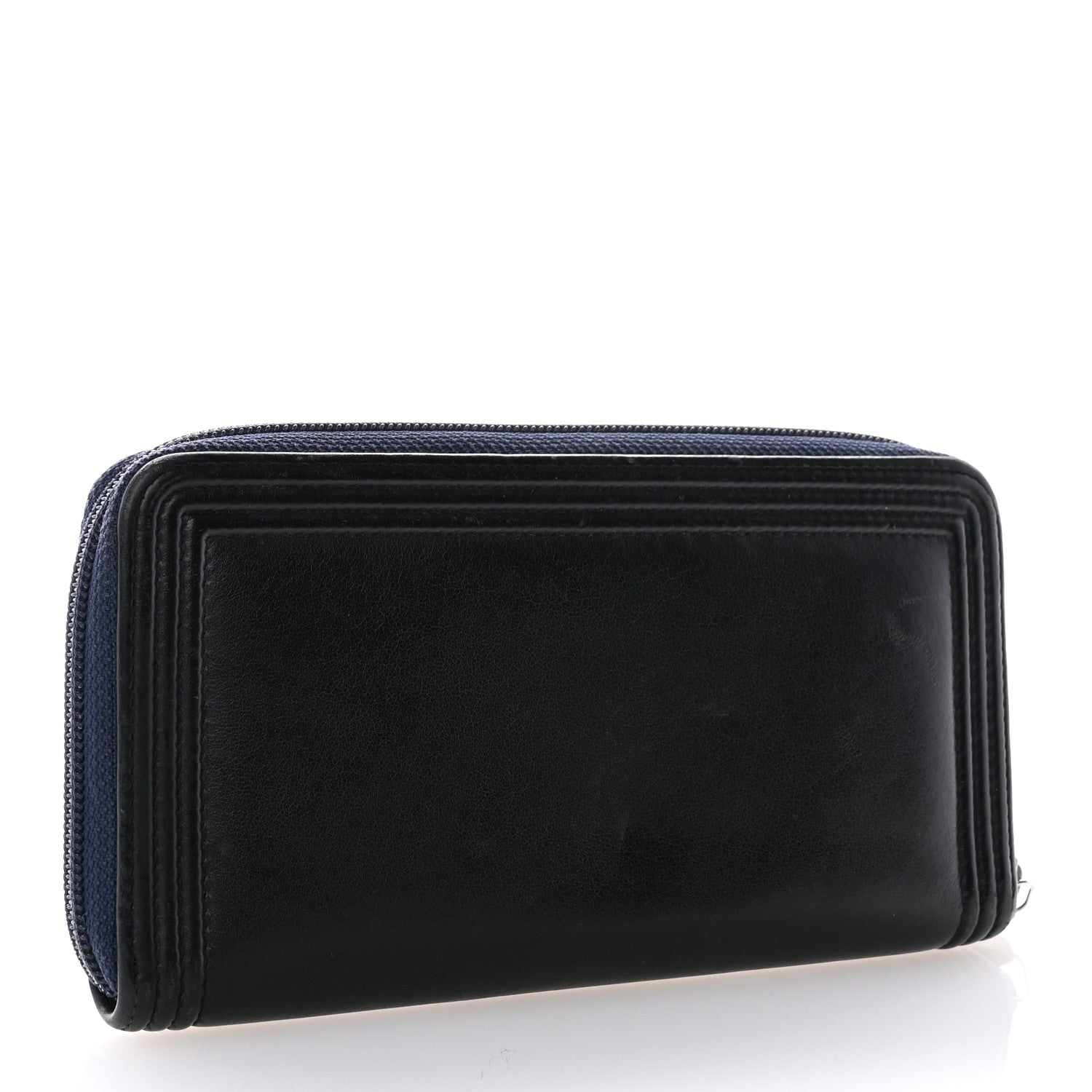 Chanel Calfskin Large Bi-Color Zip Around Boy Wallet Black Navy 3 of 11