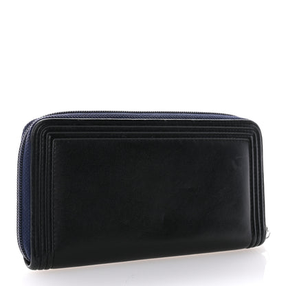Chanel Calfskin Large Bi-Color Zip Around Boy Wallet Black Navy 3 of 11