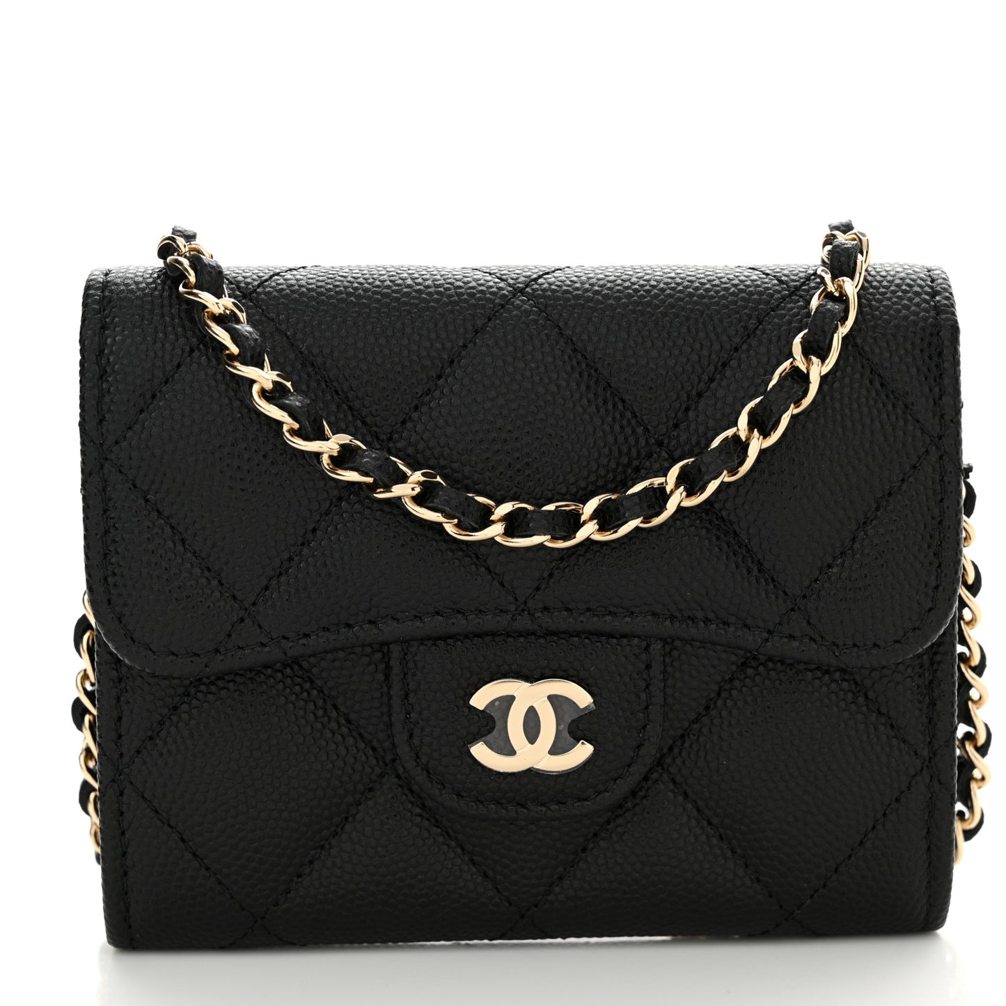 Caviar Quilted Flap Card Holder On Chain Black