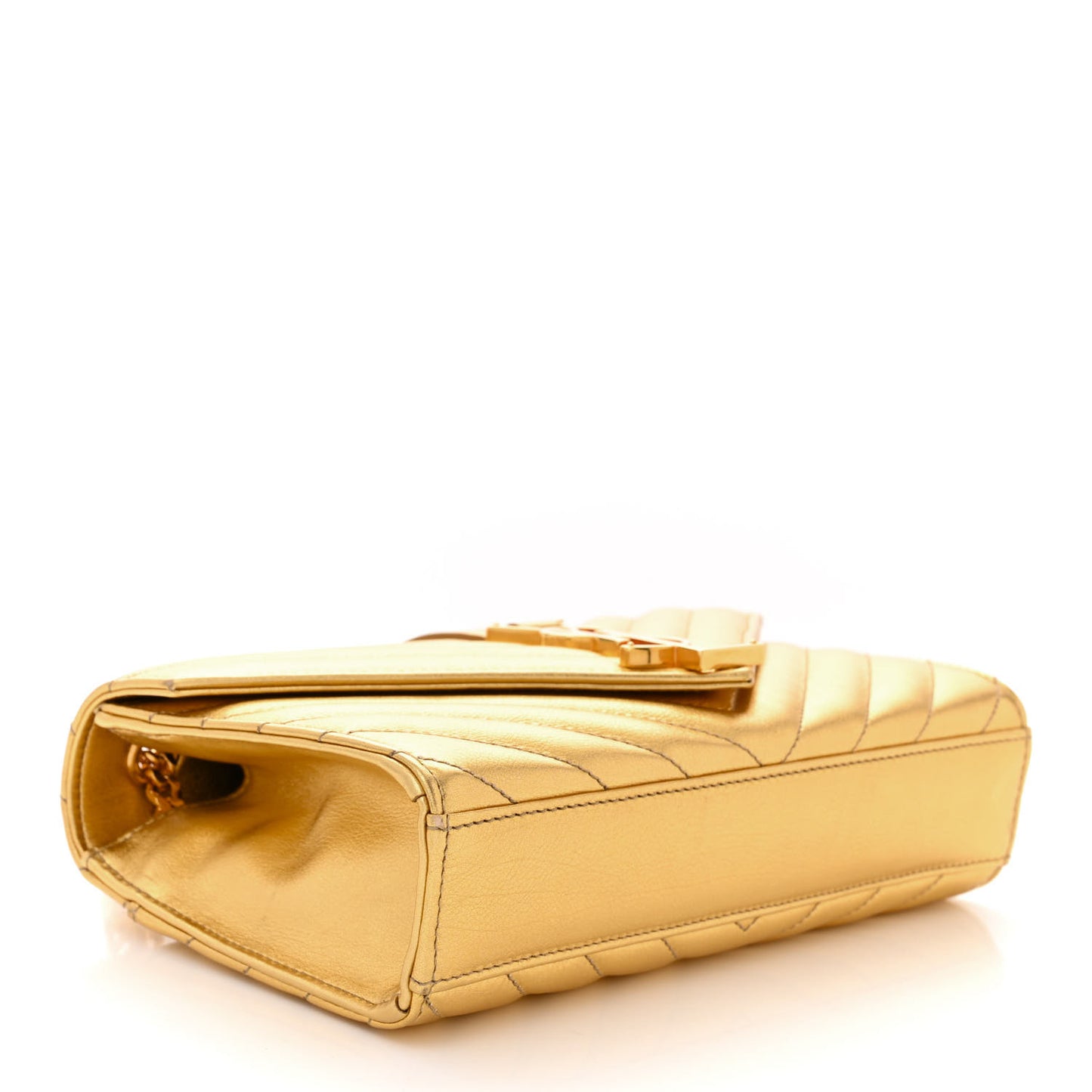 Metallic Calfskin Matelasse Chevron Small Monogram Chain Shoulder Bag Gold