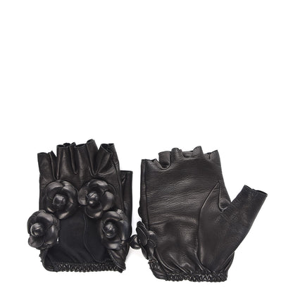 Chanel Lambskin Camellia Fingerless Gloves 7.5 Black 1 of 8