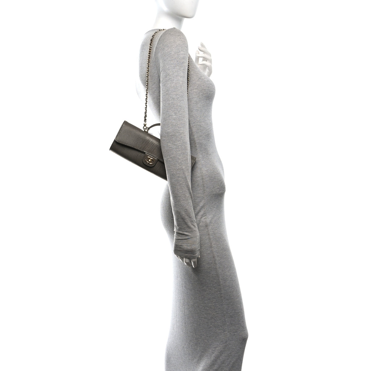 Calfskin Lizard Embossed Top Handle Long Clutch With Chain Dark Khaki