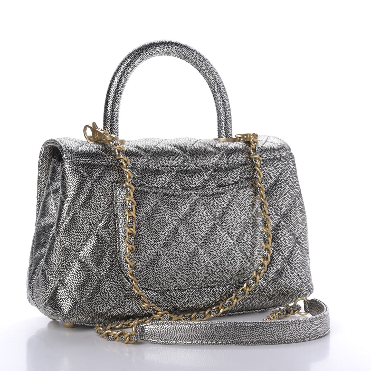 Metallic Caviar Quilted Mini Coco Handle Flap Silver