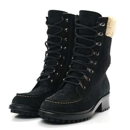 Chanel Suede Shearling CC Lace Up Combat Boots 36.5 Black 3 of 8