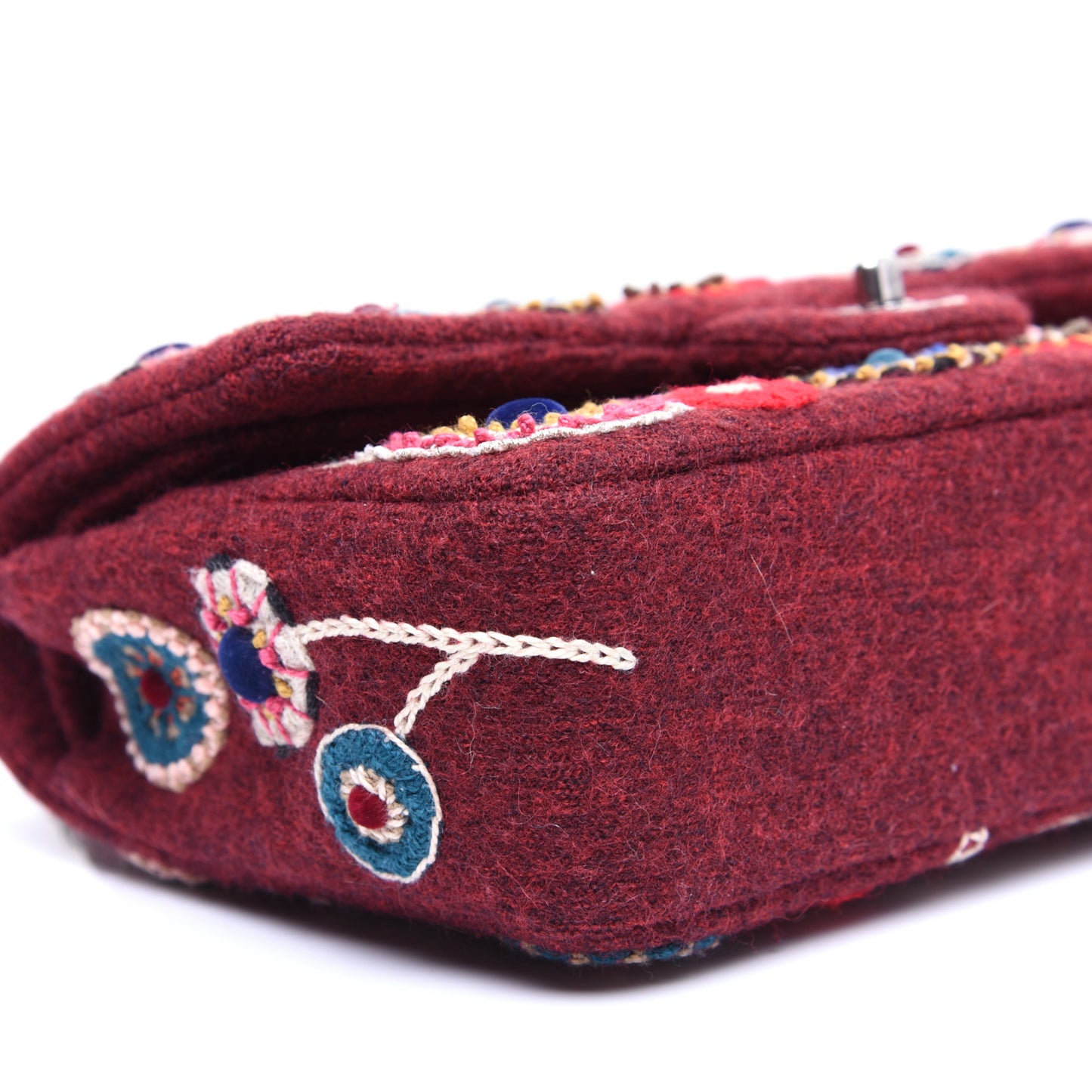 Felt Flower Embroidered Medium Double Flap Burgundy Multicolor
