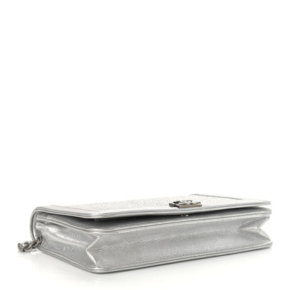 Chanel Metallic Galuchat Stingray Lambskin Boy Wallet On Chain WOC Silver 4 of 14