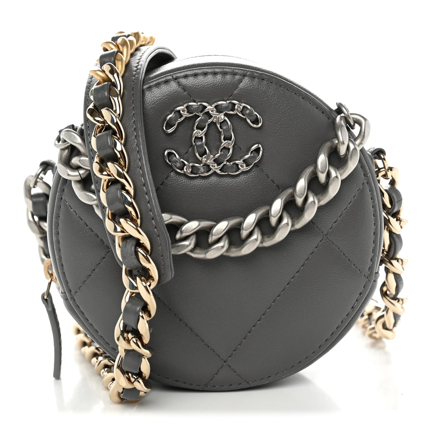 Lambskin Quilted Chanel 19 Round Clutch With Chain Grey